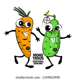 Vector monstrous vegetables  are dancing. Hand drawn illustration of angry cartoon monster. Monstrous carrot and cucumber.