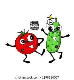 Vector monstrous vegetables  are dancing. Hand drawn illustration of angry cartoon monster. Monstrous cucumber and tomato.