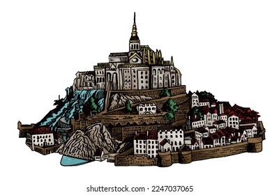 Vector Mont Saint-Michel island, graphical colorillustration of castle. France