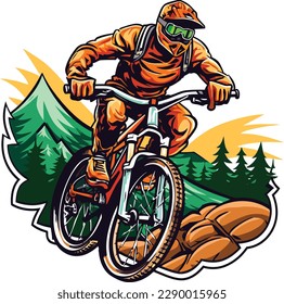 vector Un motociclista montano sobre una bicicleta con un diseño de camiseta de chaqueta naranja