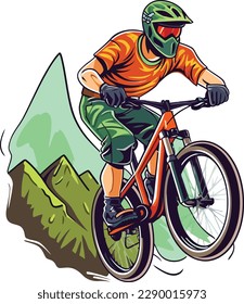 vector Un motociclista montano en una bicicleta con un diseño de camiseta de chaqueta naranja