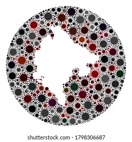Vector Montenegro kartographiert Collage des covid-2019 Virus. Die Infektion greift das Quarantäneregional aus dem Weltraum an. Rundgang Montenegro Karte mit Pathogenelementen.