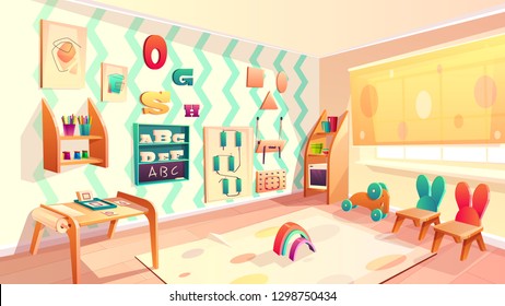 Vector Montessori Room, Elementary School Background With Furniture. Kindergarten For Infants, Daycare For Kids. Primary Education In Drawing, Games And Activity. Preschool Classroom With Chalkboard.