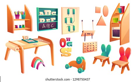 Vector montessori set, elements for elementary school isolated on white background. Kindergarten for infants, daycare for kids. Primary education in game, activity. Preschool classroom with chalkboard