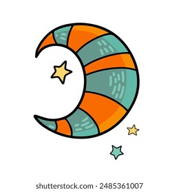 Vector of the сolored Month with stars. Cute children's Halloween illustration on white background. Design elements for logo, badges, banners, labels, posters