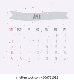 Vector monthly April calendar of year 2016 with ribbons tags drawn by hand with ink-stained