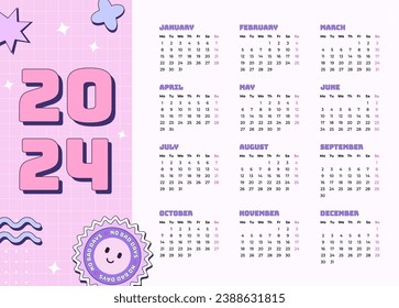 Vector monthly calendar 2024 in Y2k style, 90s graphic design. Bright color template in retro style with checkered background.