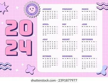 Vector monthly calendar 2024 in Y2k style, 90s graphic design. Bright color template in retro style with checkered background.
