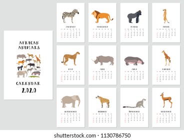 Vector monthly calendar with african animals