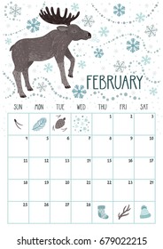 Vector monthly calendar with cute elk. February 2018. Planning design. Calendar page with smiling cartoon characters.