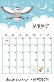 Vector monthly calendar with cute owl. January 2018. Planning design. Calendar page with smiling cartoon characters.