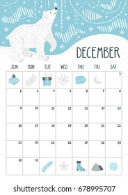 Vector monthly calendar with cute polar bear. December 2018. Planning design. Calendar page with smiling cartoon character.