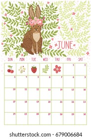 Vector monthly calendar with cute rabbit. June 2018. Planning design. Calendar page with smiling cartoon characters.
