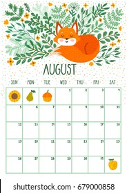 Vector monthly calendar with cute sleeping fox. August 2018. Planning design.Calendar page with smiling cartoon characters.
