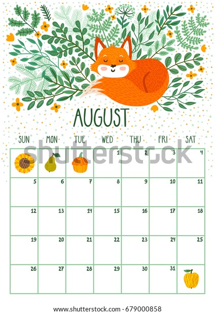 かわいい眠りキツネを持つベクター画像の月刊カレンダー 2018年8月