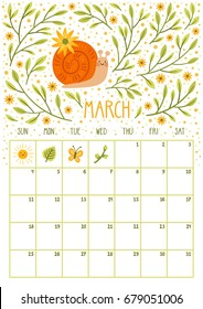 Vector monthly calendar with cute snail. March 2018. Planning design. Calendar page with smiling cartoon character.