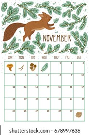 Vector monthly calendar with cute squirrel. November 2018. Planning design. Calendar page with smiling cartoon character.