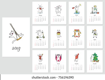 Vector monthly calendar with a cute white cat enjoying seasons