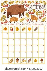 Vector monthly calendar with cute wild boars. September 2018. Planning design. Calendar page with smiling cartoon characters.