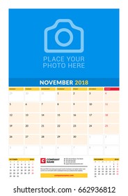 Vector monthly calendar planner template for 2018 year. November. Vector design print template with place for photo. Week starts on Monday. 3 months on page. Stationery Design