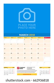 Vector monthly calendar planner template for 2018 year. March. Vector design print template with place for photo. Week starts on Monday. 3 months on page. Stationery Design