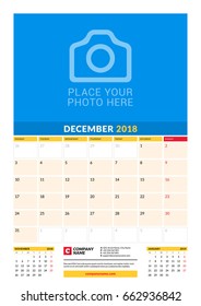 Vector monthly calendar planner template for 2018 year. December. Vector design print template with place for photo. Week starts on Monday. 3 months on page. Stationery Design