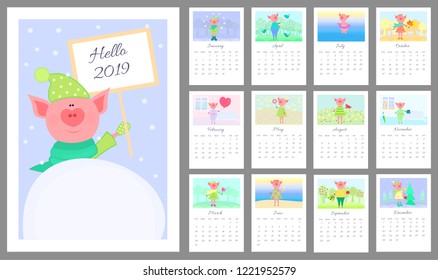 Vector monthly calendar for year 2019 with cute cartoon pig. Week starts from Sunday. Separate sheet for each month: January - December and cover.