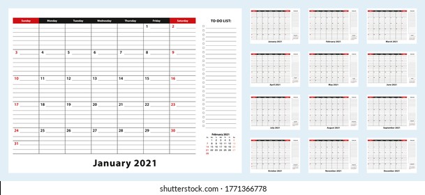 Vector Monthly Desk Pad Calendar, January 2021 – December 2021. Calendar Planner With To-do List And Place For Notes. Vector Illustration.