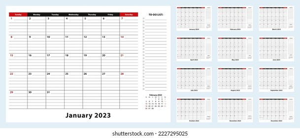 Vector Monthly Desk Pad Calendar, January 2023 - December 2023. Calendar planner with to-do list and place for notes. Vector illustration.