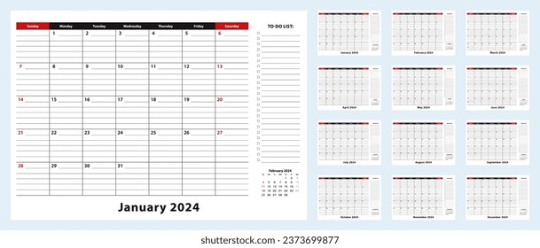 Vector Monthly Desk Pad Calendar, January 2024 - December 2024. Calendar planner with to-do list and place for notes. Vector illustration.