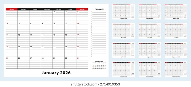 Vector Calendario mensual de escritorio, enero de 2026 - diciembre de 2026. Calendario planificador con lista de tareas y lugar para las notas. Ilustración vectorial.
