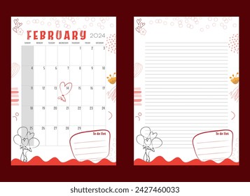 Vector monthly February 2024 planner with lines template