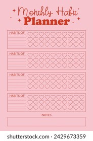 Vector monthly habit planner template habit tracker, notebook page, pink background 