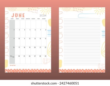 Vector monthly June 2024 planner with lines template