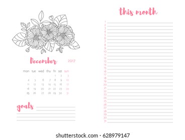 Vector monthly personal planner. December 2017. Blank form. Format A4. Flower pattern.