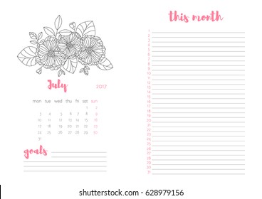 Vector monthly personal planner. July 2017. Blank form. Format A4. Flower pattern.