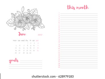 Vector monthly personal planner. June 2017. Blank form. Format A4. Flower pattern.