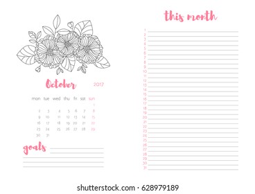 Vector monthly personal planner. October 2017. Blank form. Format A4. Flower pattern.