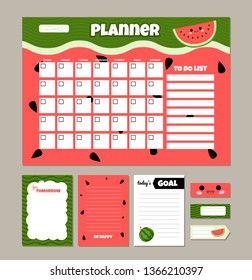 Vector monthly planner with cute watermelon. Template of to do list and notes. 
