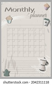 Planner vectorial mensual con elementos de café y té de cocina, con elementos abstractos de fondo beige.