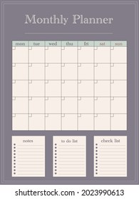 Vector monthly planner with notes, to do and check list, for work, planning, education.