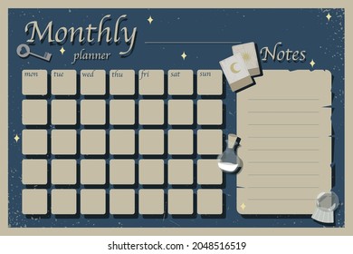 Vector Monthly Planner with notes in witch and magic style. Mystic Planning with magical elements: tarot cards, key, magic ball and bottles on navy background.