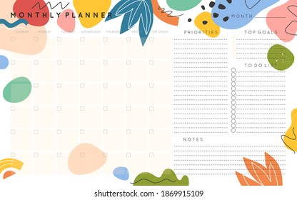 Vector monthly planner template with abstract hand drawn organic shapes and doodles.Organizer and schedule with place for goals,to do list,priorities,notes.Trendy cartoon style.Abstract modern design.