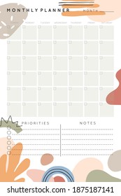 Vector monthly planner template with abstract shapes and doodles in neutral earthy tones.Organizer and schedule with place for goals,to do list,notes.Trendy cartoon style.Abstract modern design.