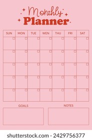  Vector monthly planner template, goals, notes, notebook page, pink background, retro dairy