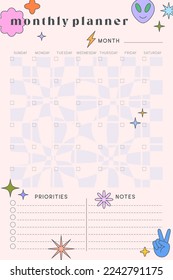 Vector monthly planner template with y2k patches,icons and emblems.Organizer and schedule with place for goals,to do list,priorities,notes.Trendy layout in 90s groovy aesthetic.Abstract modern design.