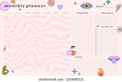Vector monthly planner template with y2k patches,icons and emblems.Organizer and schedule with place for goals,to do list,priorities,notes.Trendy layout in 90s groovy aesthetic.Abstract modern design.
