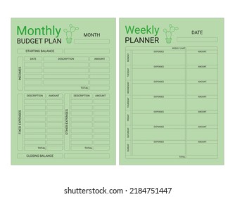 Vector monthly and weekly budget planner in A4 format with cactus