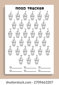  Vector mood planner with cute kawaii bubble tea, color your mood