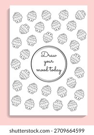  Vector mood planner with funny kawaii cake, color your mood with cute characters